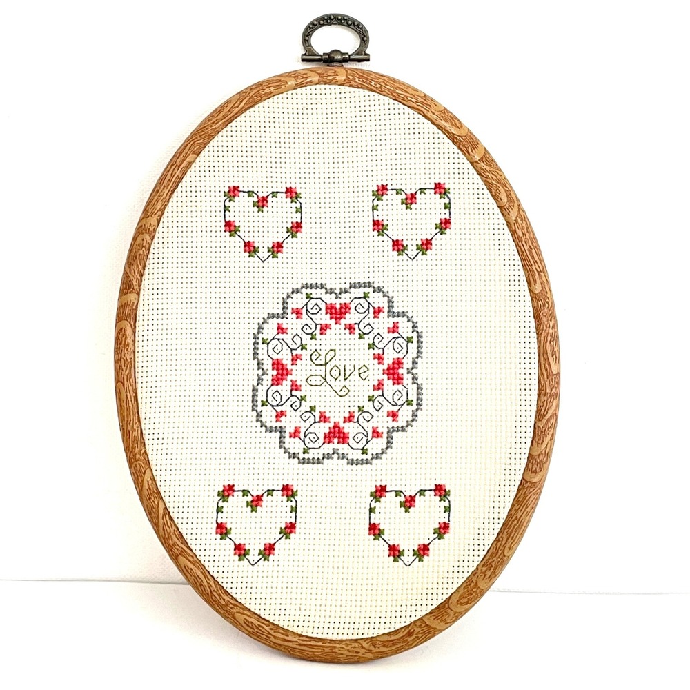 Vintage Handmade Cross Stitch Love Hearts Oval Faux Wood Hoop Wall Decor 7x5